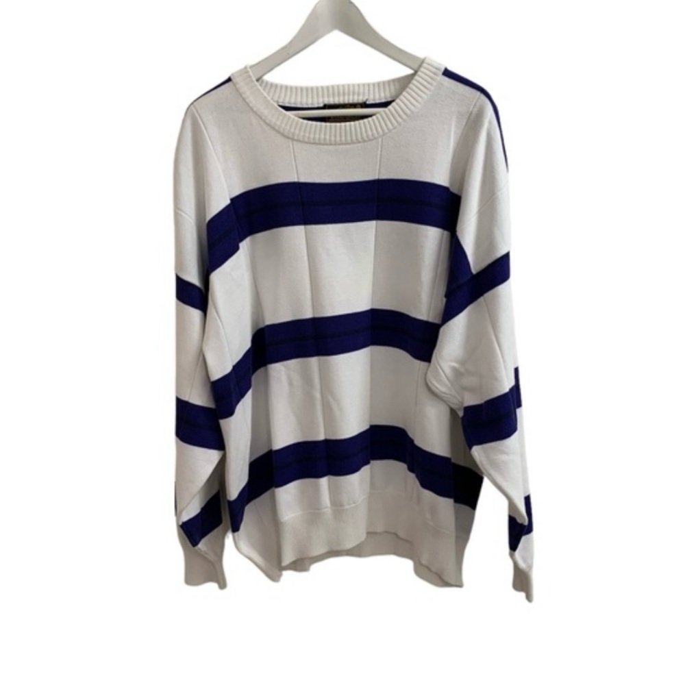 Vintage Eddie Bauer Striped White and Navy Blue Sweater 100% Cotton Men’s XL